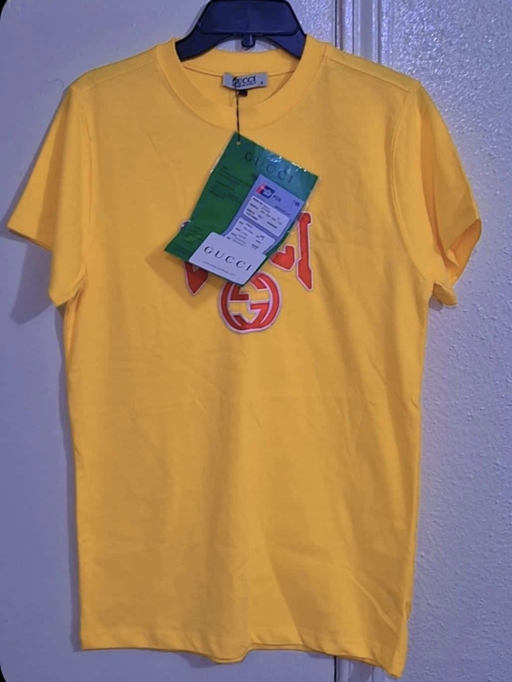 Gucci Men's Yellow Logo Crew Neck T-Shirt